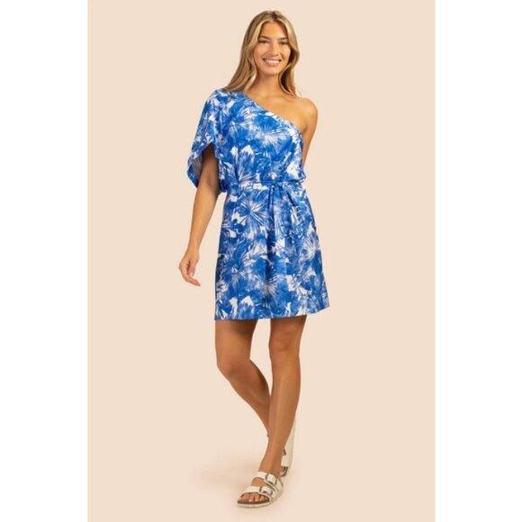 💕TRINA TURK💕 Basque Dress One Shoulder Swim Cover Up Sapphire Blue Print S NWT - Picture 7 of 16